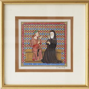 Peinture, "La leçon ou la rencontre Abelard Héloise" - Enluminure médiévale, Georges Souchal