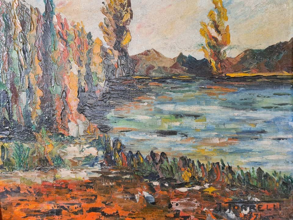 J Torrelli, Mid-Century Barbizon School Impressionist Lakeside Landscape J Torrelli, Mid-Century Barbizon School Impressionist Lakeside Landscape