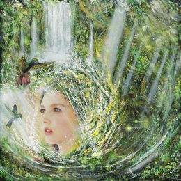 Painting, Fille aux colibris - série: Femmes lumière - Portrait féminin sur univers imaginaire, Dalent