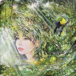 Painting, Jeune fille au toucan - série: Femmes lumière - Portrait féminin sur univers imaginaire, Dalent