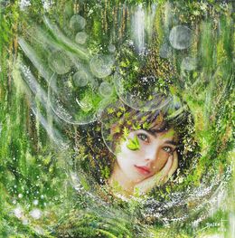 Painting, L'ange gardien - série: Femmes lumière - Portrait féminin sur univers imaginaire, Dalent