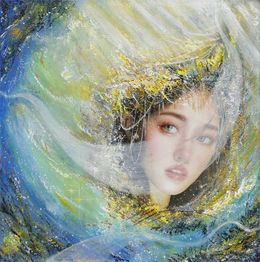 Painting, Le voile - série: Femmes lumière - Portrait féminin sur univers imaginaire, Dalent
