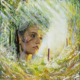 Painting, Fumerolles - série: Femmes lumière - Portrait féminin sur univers imaginaire, Dalent