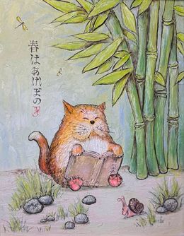 Painting, Cat is reading a book under bamboo, Joanna Misoteri