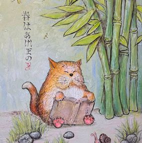 Peinture, Cat is reading a book under bamboo, Joanna Misoteri