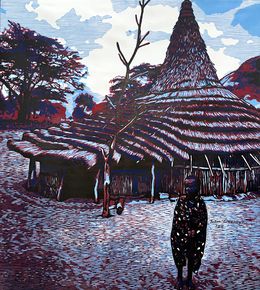 Édition, ÀSÁL? (Nightfall) - 21st Century, Contemporary, Figurative, Africa, Hut, Linocut, Tosin Oyeniyi