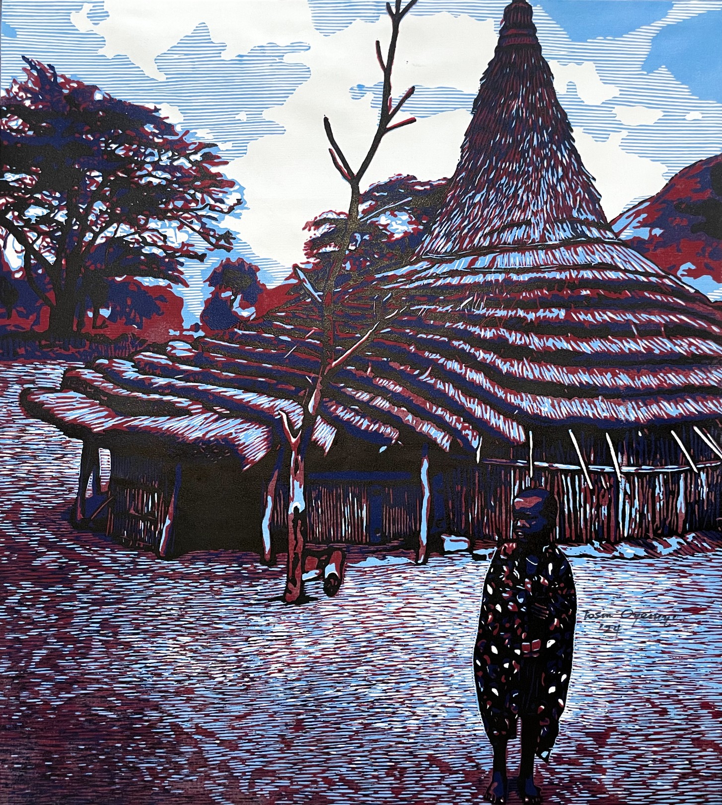 Tosin Oyeniyi, ÀSÁL? (Nightfall) - 21st Century, Contemporary, Figurative, Africa, Hut, Linocut Tosin Oyeniyi, ÀSÁL? (Nightfall) - 21st Century, Contemporary, Figurative, Africa, Hut, Linocut