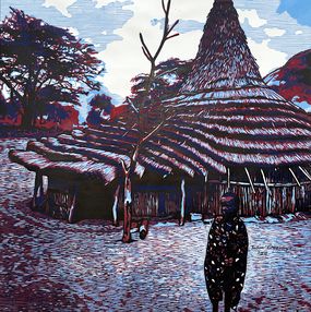 Édition, ÀSÁL? (Nightfall) - 21st Century, Contemporary, Figurative, Africa, Hut, Linocut, Tosin Oyeniyi