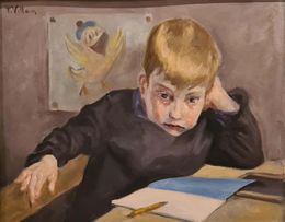 Painting, Donald Duck and Le Petit Ecolier, Early 20th Century Oil on Board by Pierre Villain, Pierre Villain