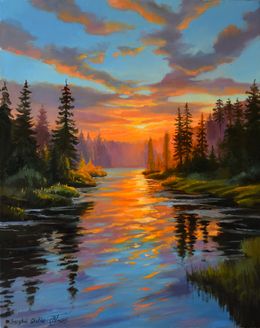 Painting, The sunset in the forest, Serghei Ghetiu
