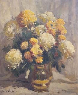 Pintura, Mid-Century Still Life Oil on Canvas of Chrysanthemums in Copper Vase, Rudolph Colao