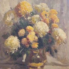 Pittura, Mid-Century Still Life Oil on Canvas of Chrysanthemums in Copper Vase, Rudolph Colao