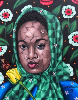 Pintura, Embrace Nature 5 - 21st Century, Contemporary, Figurative Portrait Floral, Women, Oyeleye Feranmi