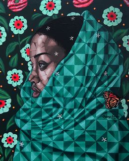Pittura, Embrace Nature 4 - 21st Century, Contemporary, Figurative Portrait Floral, Women, Oyeleye Feranmi