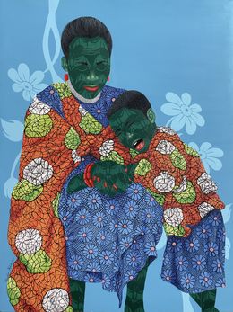 Gemälde, Prayerful Embrace - 21st Century, Contemporary, Figurative, Women, Child, Fabric, Oluwafemi Afolabi