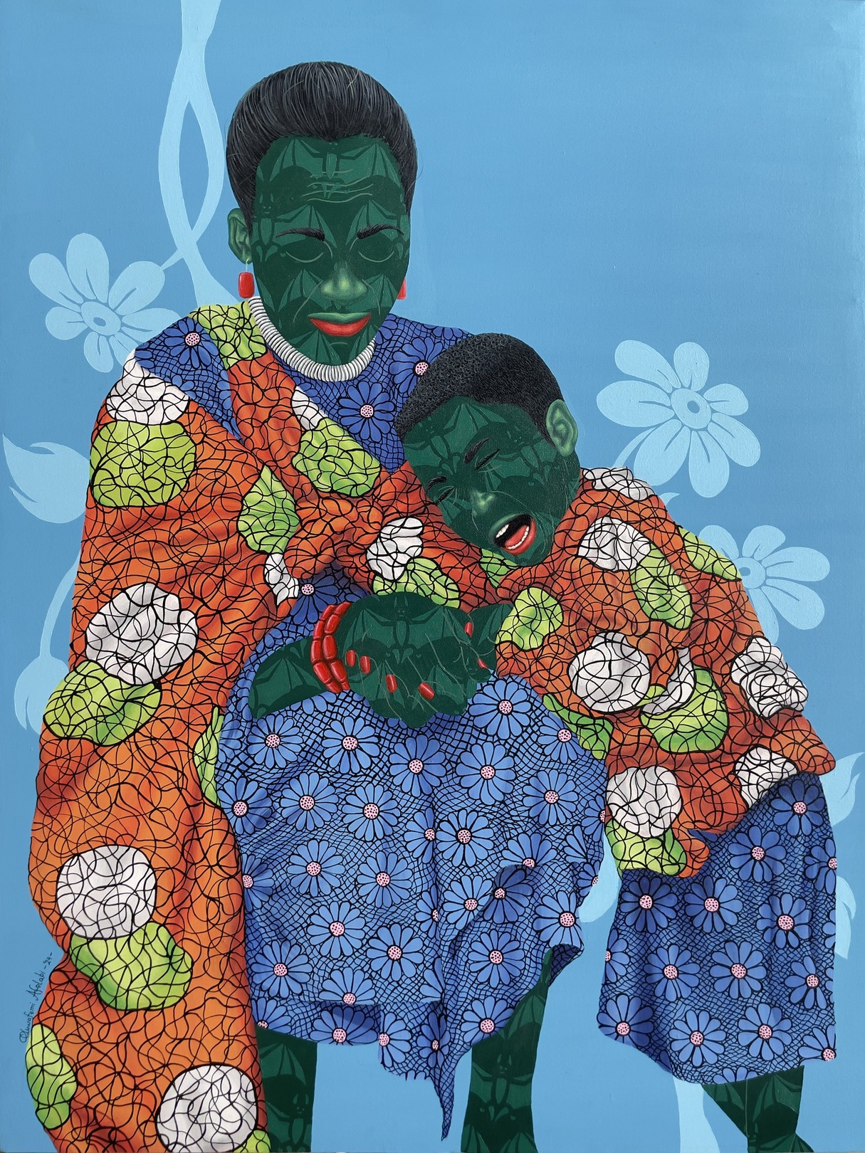 Oluwafemi Afolabi, Prayerful Embrace - 21st Century, Contemporary, Figurative, Women, Child, Fabric Oluwafemi Afolabi, Prayerful Embrace - 21st Century, Contemporary, Figurative, Women, Child, Fabric