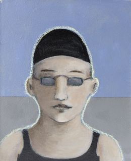 Painting, La piscine 1, enfant au bonnet noir - Série portrait, univers de l'enfance, Fabienne Octobre