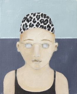 Painting, La piscine 4, enfant au bonnet léopard - Série portrait, univers de l'enfance, Fabienne Octobre