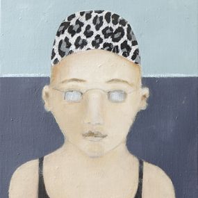Painting, La piscine 4, enfant au bonnet léopard - Série portrait, univers de l'enfance, Fabienne Octobre