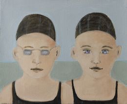 Painting, La piscine 2, duo d'enfants en tenue de piscine - Série portrait, univers de l'enfance, Fabienne Octobre