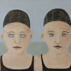 Painting, La piscine 2, duo d'enfants en tenue de piscine - Série portrait, univers de l'enfance, Fabienne Octobre