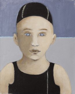 Painting, La piscine 3, enfant au bonnet noir et jaune - Série portrait, univers de l'enfance, Fabienne Octobre
