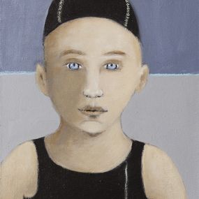 Gemälde, La piscine 3, enfant au bonnet noir et jaune - Série portrait, univers de l'enfance, Fabienne Octobre