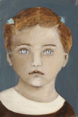 Painting, Portrait 2, Petite fille aux barrettes bleues - Série portrait, univers de l'enfance, Fabienne Octobre