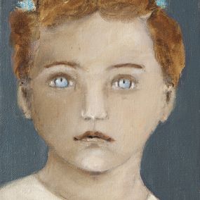 Painting, Portrait 2, Petite fille aux barrettes bleues - Série portrait, univers de l'enfance, Fabienne Octobre