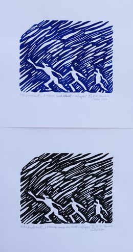 Print, 3 men through the night - refugees, Karl-Karol Chrobok