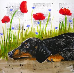 Painting, French school Dachshund Hide and Seek Chut les Barbizons!, Bazévian Delacapucinière