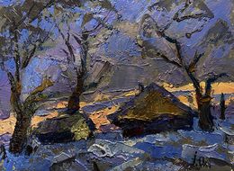Gemälde, Frosty evening in the village, Ivanyuk Oleksiy