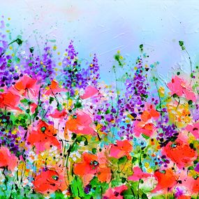 Peinture, Wild Red Poppy, Poppies and Blue Delphinium Field, Soos Roxana