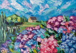 Peinture, Irish Cottage Painting Hydrangea Garden, Olga Nikitina