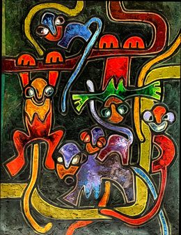 Painting, Monkeys in the Groove 1 - 21st Century, Contemporary, Impasto, Animals, Africa, Abiodun Nafiu Azeez