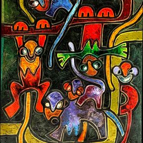 Painting, Monkeys  in the Groove 1 - 21st Century, Contemporary, Impasto, Animals, Africa, Abiodun Nafiu Azeez