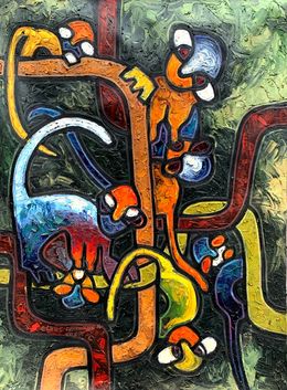 Painting, Monkeys in the Groove 2 - 21st Century, Contemporary, Impasto, Animals, Africa, Abiodun Nafiu Azeez