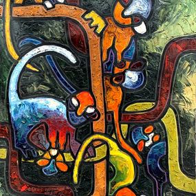 Painting, Monkeys  in the Groove 2 - 21st Century, Contemporary, Impasto, Animals, Africa, Abiodun Nafiu Azeez