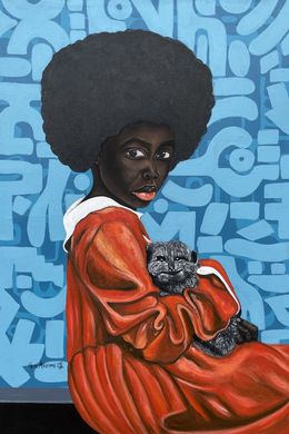 Painting, Loyal Friend - 21st Century, Contemporary, Figurative, African, Girl, Dog, Modern, Oluwafemi Akanmu