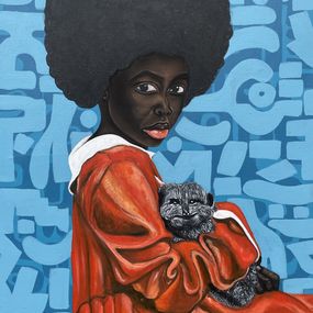 Peinture, Loyal Friend - 21st Century, Contemporary, Figurative, African, Girl, Dog, Modern, Oluwafemi Akanmu