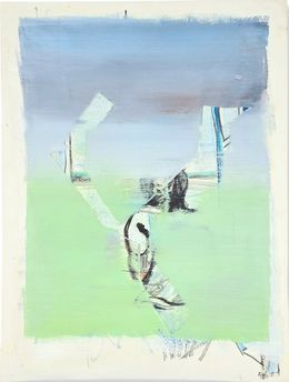 Painting, Figure looking forward in jeans blue and mint green, Igor Bleischwitz