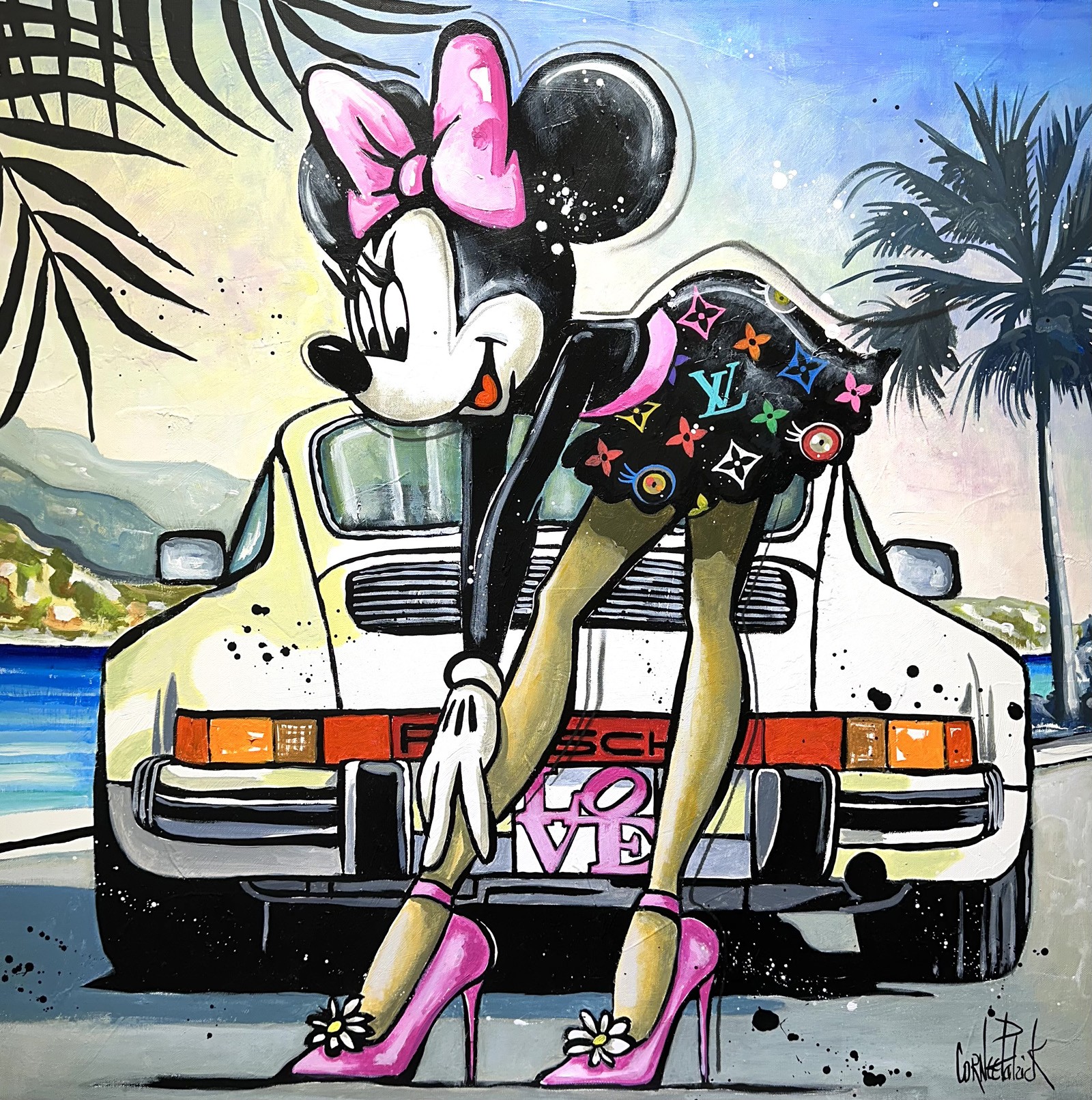 Patrick Cornée, Minnie Mouse habillée en Louis Vuitton devant sa Porsche Patrick Cornée, Minnie Mouse habillée en Louis Vuitton devant sa Porsche
