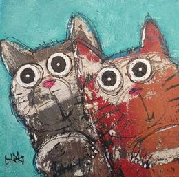 Peinture, Deux chats fond bleu, Hervé Maury