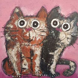 Peinture, Deux chats fond rose, Hervé Maury