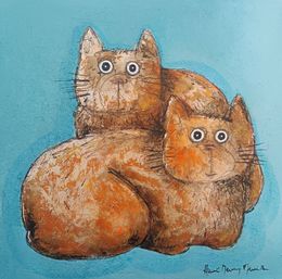Peinture, Deux chats sur bleu, Hervé Maury