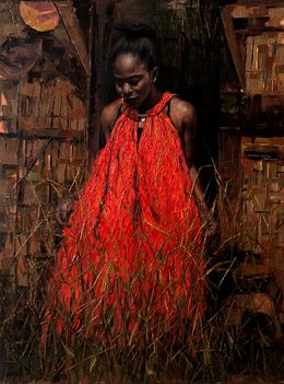 Pittura, Red Garment 1 - 21st Century, Contemporary, Figurative, Portrait, Africa Women, Meshach Charity