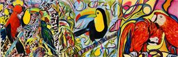 Painting, Oiseaux tropicaux, toucans, aras rouges. (Triptyque N°1), Catherine Clare