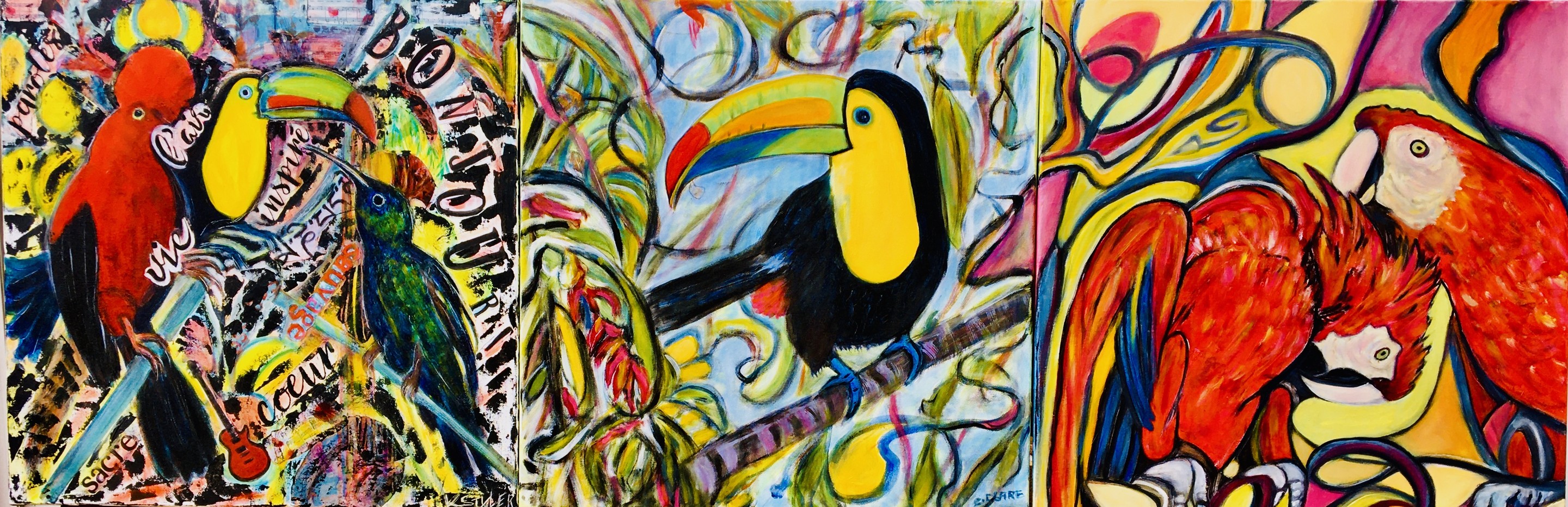 Catherine Clare, Oiseaux tropicaux, toucans, aras rouges. (Triptyque N°1) Catherine Clare, Oiseaux tropicaux, toucans, aras rouges. (Triptyque N°1)