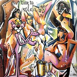 Peinture, La Panthère rose et Barbie chez les Demoiselles d'Avignon de Picasso, Pop Art pink party, Patrick Cornée