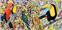 Painting, Oiseaux tropicaux, toucans, aras rouges. (Diptyque N°2), Catherine Clare